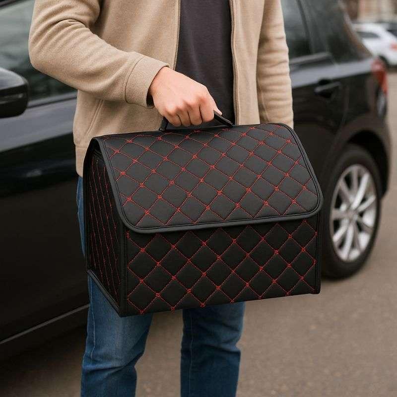 Органайзер в багажник авто середній 40×30×30 см штучна шкіра 1 відділення чорний червона строчка, фото 1