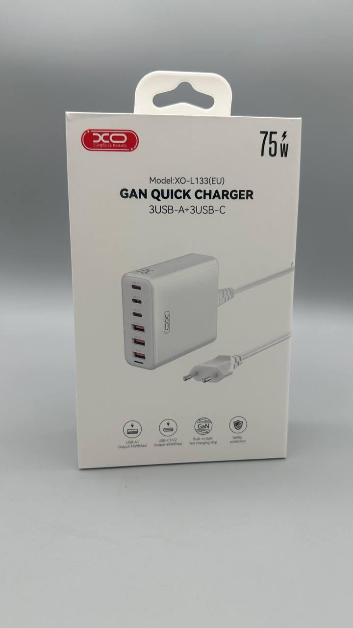 СЗУ XO L133 75W GaN 6 портів 3 USB 3 Type-C Швидка зарядка 1.5м для всіх пристроїв BF