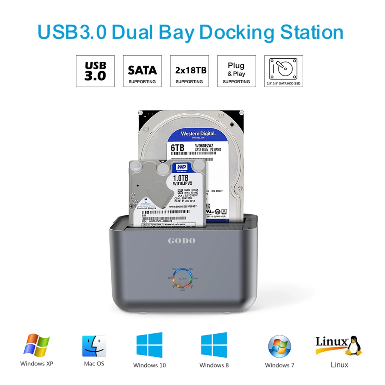 Док станція GODO GDPD10T для HDD SSD 2.5" 3.5" SATA III USB3.0 з функцією клонування, фото 1