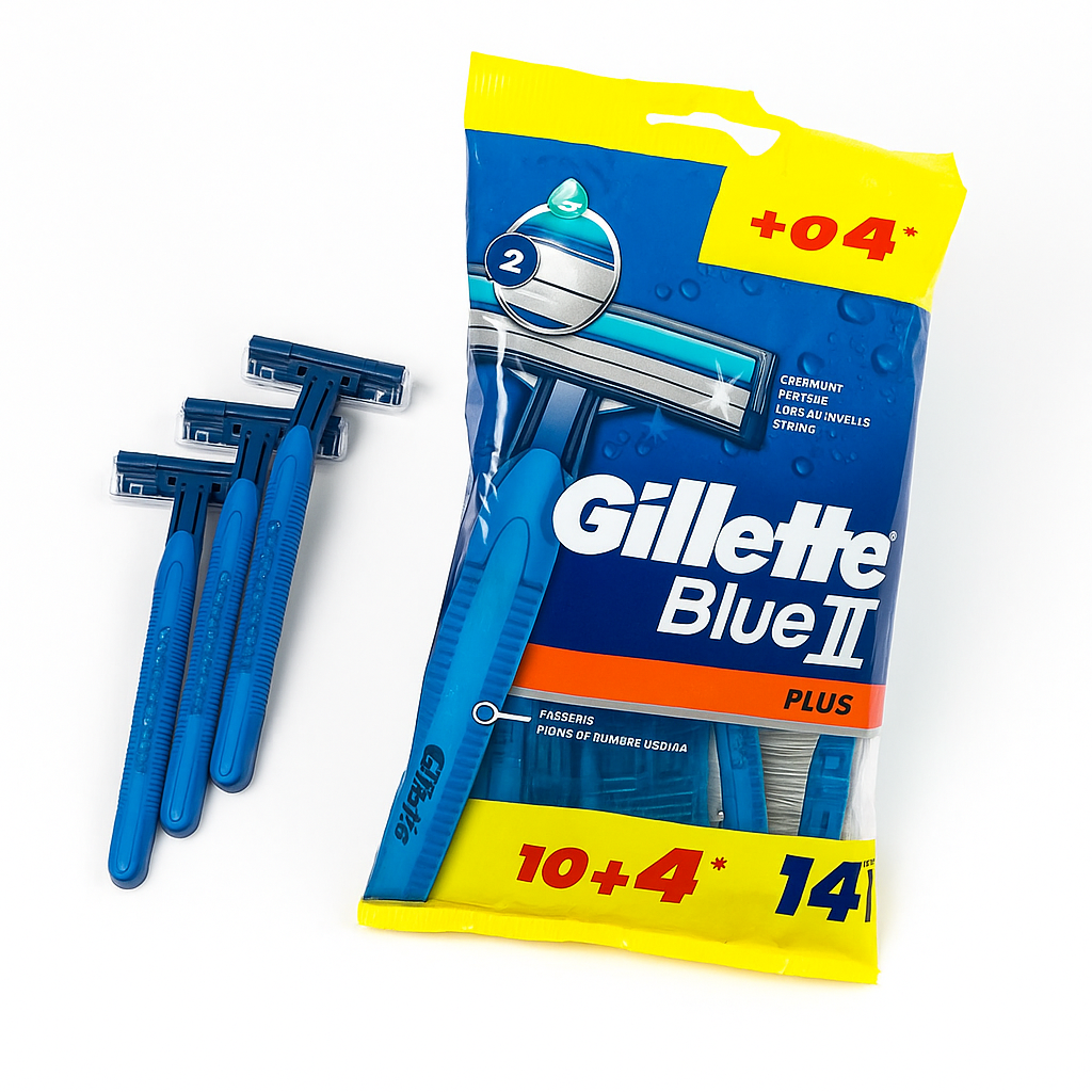 Одноразові станки Gillette Blue II Plus 14 штук чоловічі бритви з хромованим покриттям, фото 1