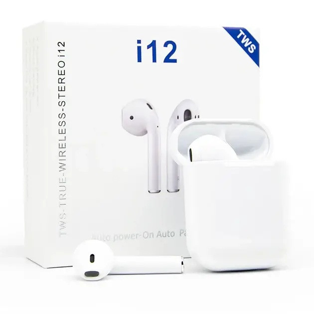 Бездротові Bluetooth навушники i12 TWS з сенсорним управлінням, зарядним кейсом, білий колір