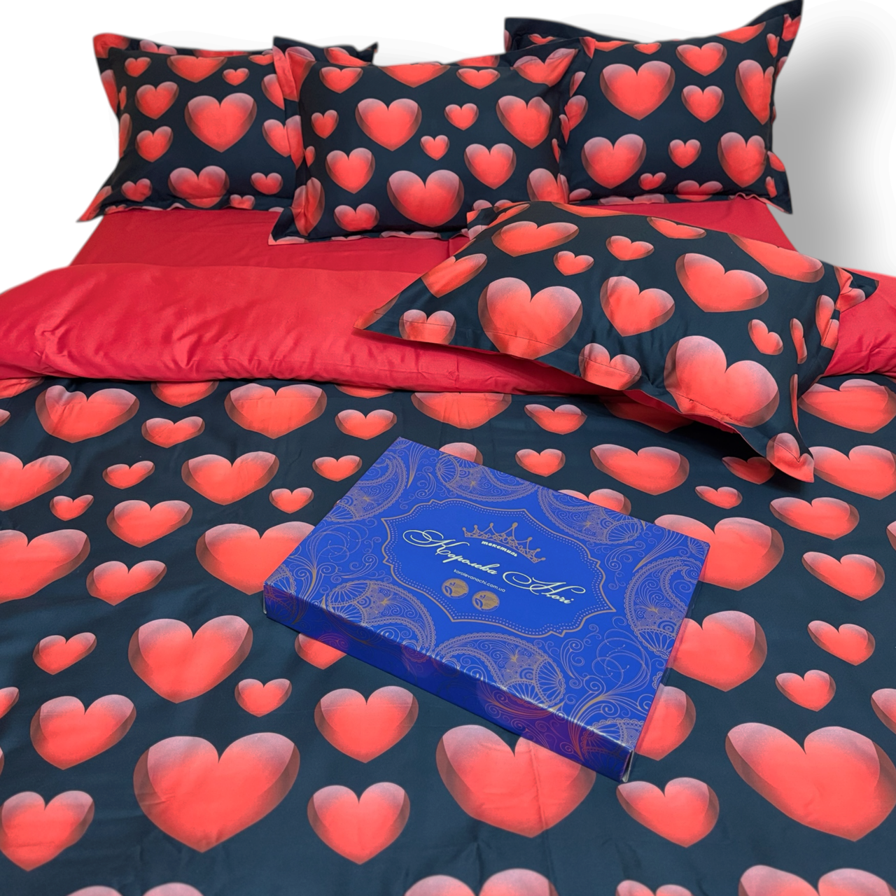 Наволочка на блискавці 70х70 (Сатин Premium) | Від виробника "Королева Ночі" | Серця на чорному та червоному, фото 1
