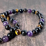 Захисний браслет з натурального каміння | Тигрове око, обсидіан, димчастий кварц, аметист | Захист від негативу