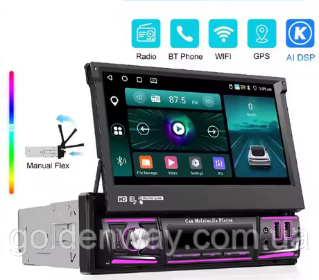 Автомагнітола з висувним екраном Podofo 1DIN 4/64Гб єкран 7 дюймів IPS Android 13 Carplay Android Auto WiFi GPS Bluetooth AHD, фото 1