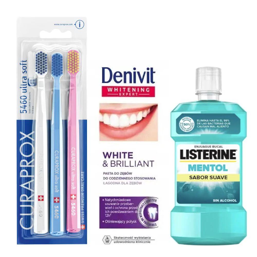 Набір зубних щіток Curaprox CS 5460/3 Ultra Soft + зубна паста Denivit White&Brilliant + ополіскувач LISTERINE mentol Sabor Suave