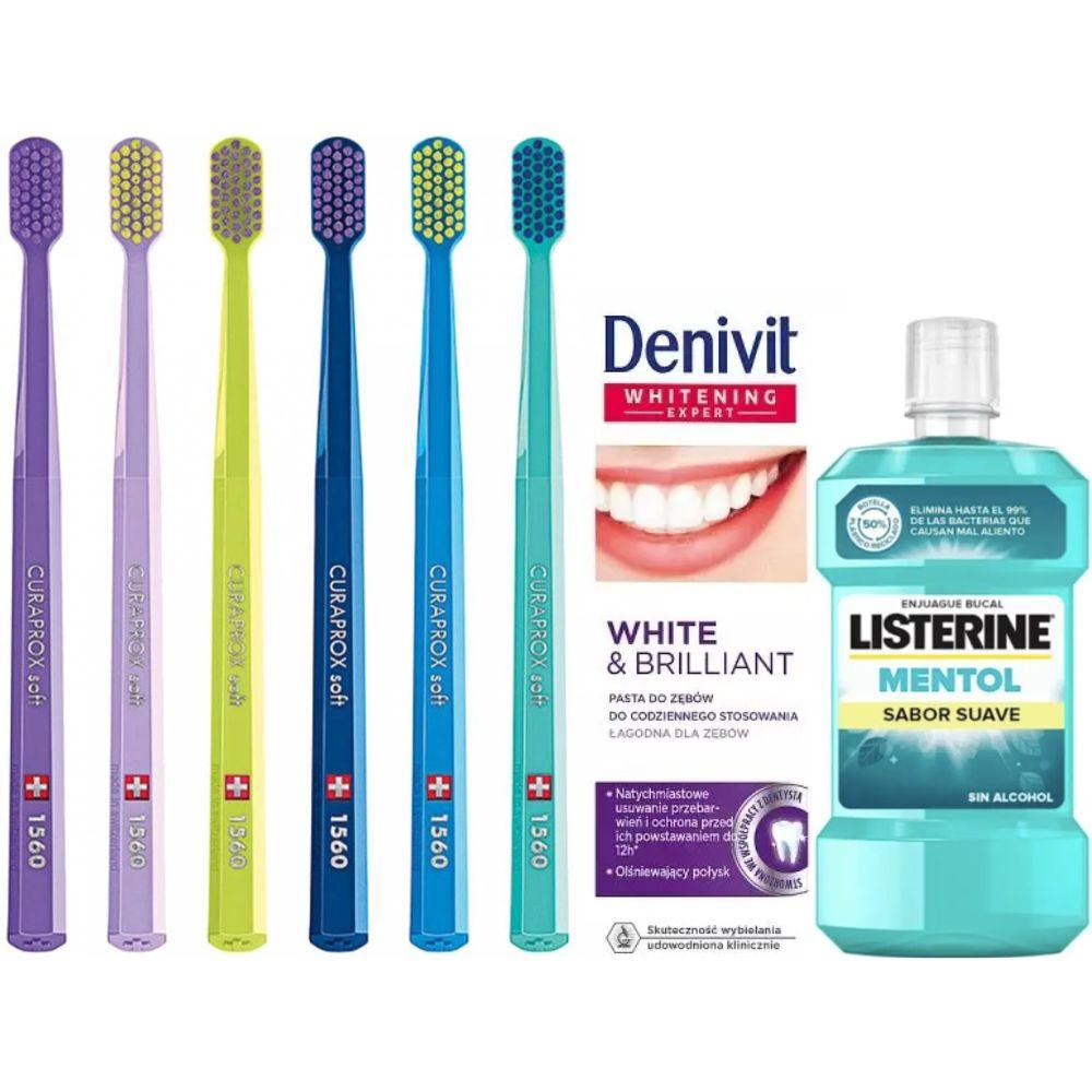 Зубна щітка Curaprox CS 1560 Soft + зубна паста Denivit White & Brilliant + ополіскувач LISTERINE mentol Sabor Suave 0% alc.
