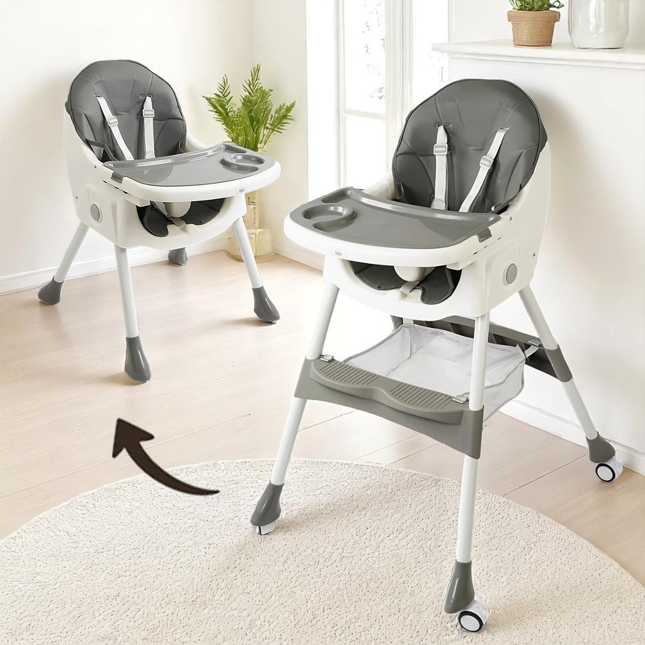 Стільчик для годування Toti FR-14020 2в1, PU шкіра, опускна спинка, знімний столик, 4 колеса, до 30 кг, фото 1