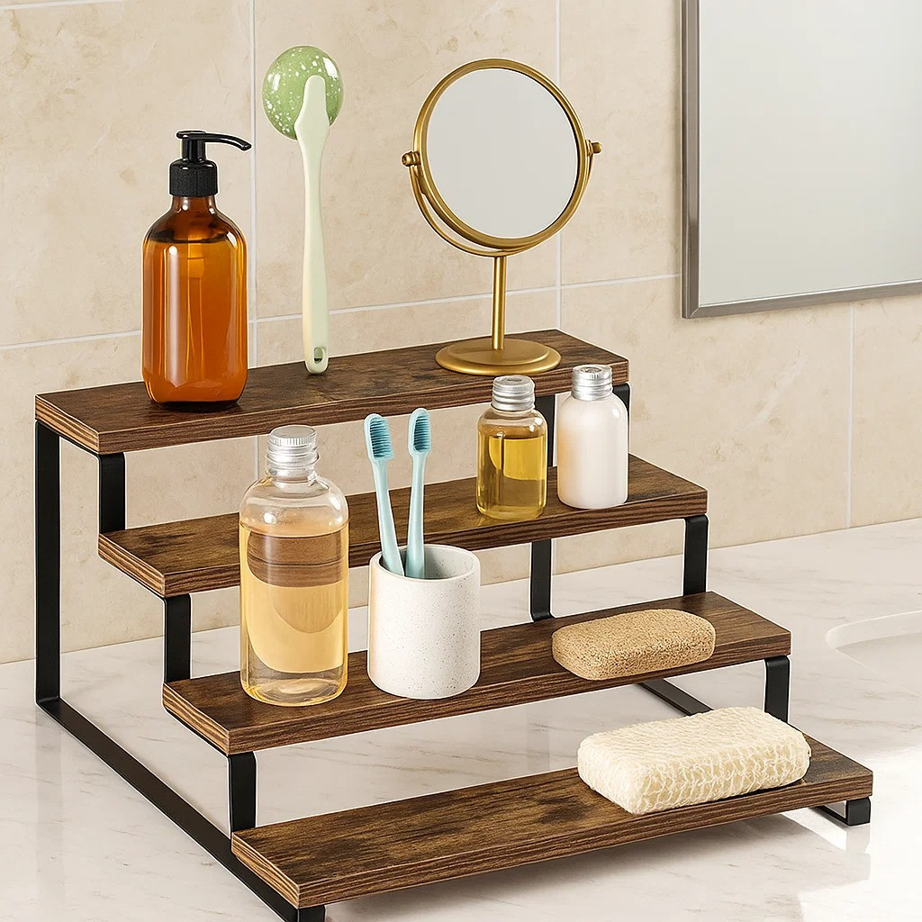 Полиця для кухні та ванної кімнати багатоярусна на 4 ступені дерев'яна, стійка ступінчаста для банок спецій, фото 1