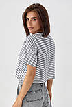 Коротка жіноча футболка топ оверсайз у смужку темно синя укорочена футболка на літо смугаста турецька S, Нове, фото 3