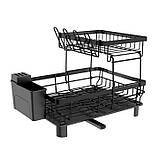 Стелаж для сушіння посуду двоярусна сушарка для посуду і столових приладів, склянок і чашок з водовідведенням, фото 2