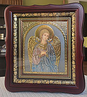 Икона Святой Ангел Хранитель для дома в темном деревянном киоте под стеклом, размер киота 26*23, сюжет 15*18