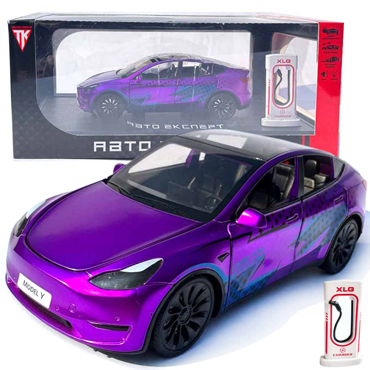 Машинка метал Tesla model Y електрокар фіолетова Тесла 1:24 відкр двері баг капот звук світло 19*6,5*8,5см (EL 81244), фото 1