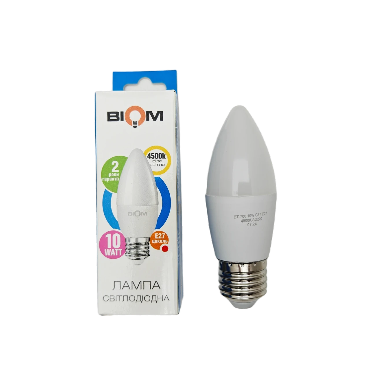 Світлодіодна лампа Е27 10W С37 4500K Biom BT-706, фото 1