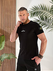 Літній чоловічий костюм Stone Island шорти та футболка чорний, брендовий спортивний костюм Стон Айленд із патчем