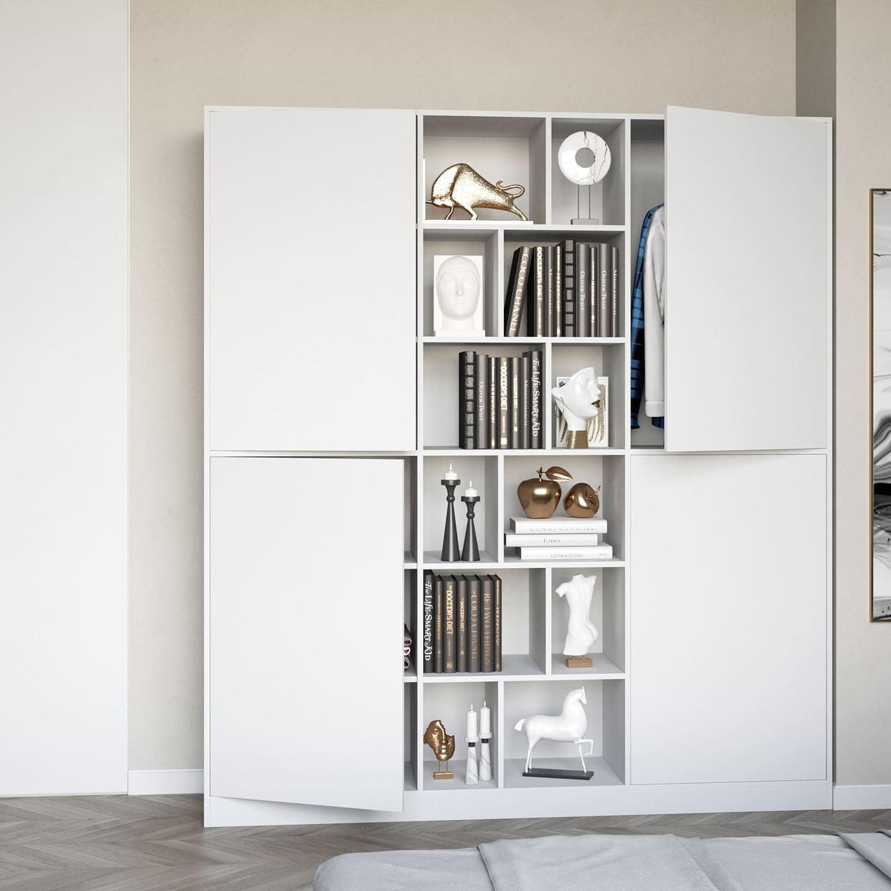 Висока шафа з полицями для одягу Шафи чотири двері для зберігання особистих речей 180 см з ламінованого ДСП, фото 1