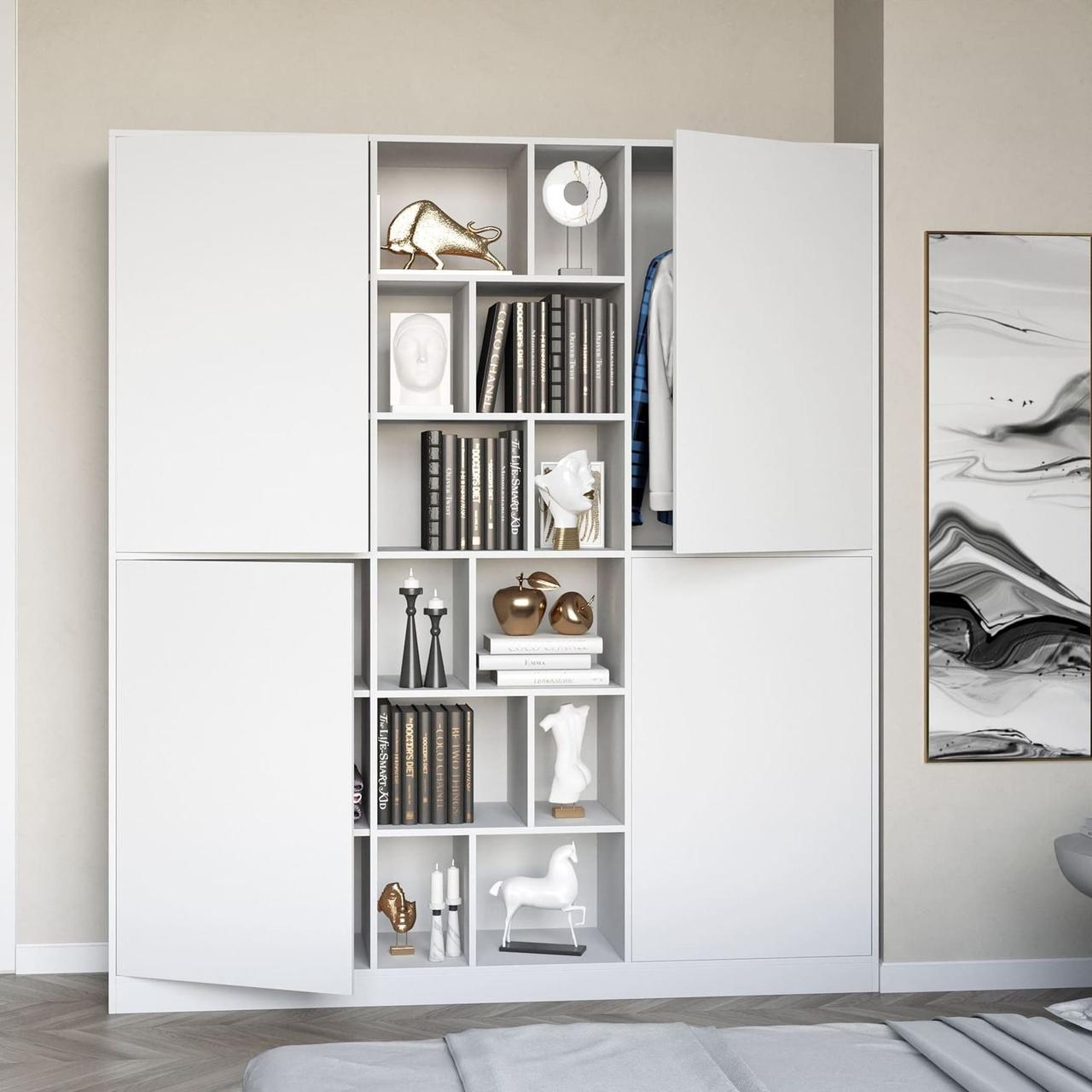 Шафа для одягу в сучасному стилі 180 см завширшки Шафи чотирьохдверні на 20 відділень із ЛДСП, фото 1