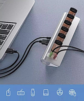 USB хаб Deepfox U6 8 в 1 алюмінієвий з блоком живлення hub аудіо звукова карта, фото 5