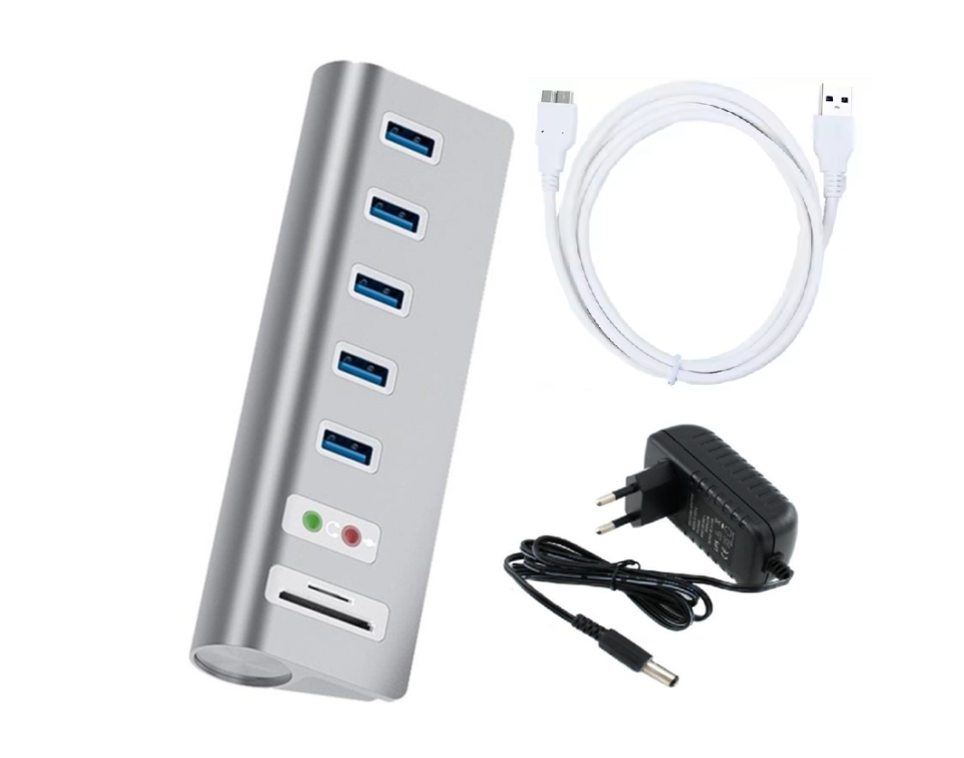 USB хаб Deepfox U5 9 в 1 алюмінієвий з блоком живлення hub картридер аудіо звукова карта, фото 1