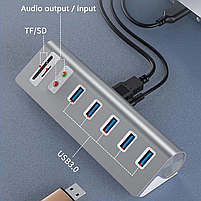 USB хаб Deepfox U5 9 в 1 алюмінієвий з блоком живлення hub картридер аудіо звукова карта, фото 2