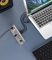 USB хаб Deepfox U5 9 в 1 алюмінієвий з блоком живлення hub картридер аудіо звукова карта, фото 3