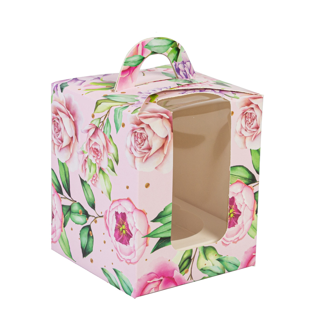 Коробка 90х90х110 (на 1 капкейк) з вікном та ручкою "Півонії", фото 1