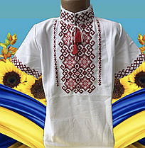 Опт Вишиванка короткий рукав для хлопчиків з червоною вишивкою р. 7-12