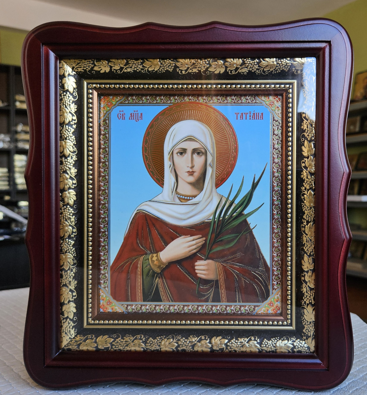 Ікона Свята Тетяна в темному дерев'яному кіоті під склом, розмір кіота 26*23, сюжет 15*18., фото 1