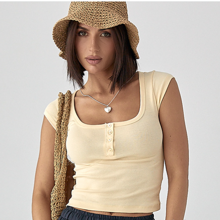 Трикотажна жіноча футболка на ґудзиках облягаюча лимонна кофточка турецька футболка в обтяжку розмір S, фото 1