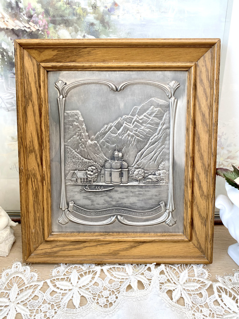 Німецька олов'яна картина у дерев'яній рамі, настінний барельєф, олово, дерево, Німеччина, La Montanara, фото 1