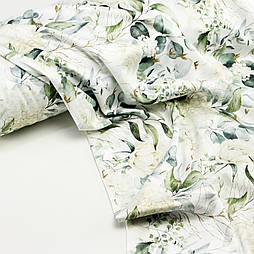 Сатин digital, ширина 240 см "Евкаліпт з молочними квітами та золотими гілками" на білому №SB-3505