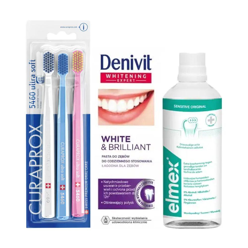Набір зубних щіток Curaprox CS 5460/3 Ultra Soft + зубна паста Denivit White&Brilliant + ополіскувач ELMEX Sensitive Original