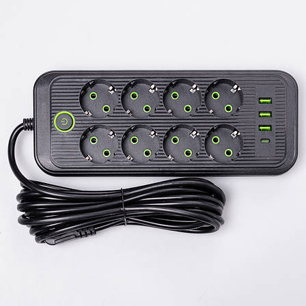 Мережевий фільтр 2.8 м подовжувач на 8 розеток з 3 USB 1 Type-C та кнопкою відключення F20U Чорний HP-5-28, фото 1