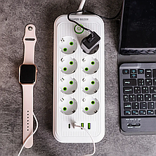 Мережевий фільтр 4.7 м подовжувач на 8 розеток з 3 USB 1 Type-C та кнопкою відключення F20U Чорний HP-5-29, фото 3