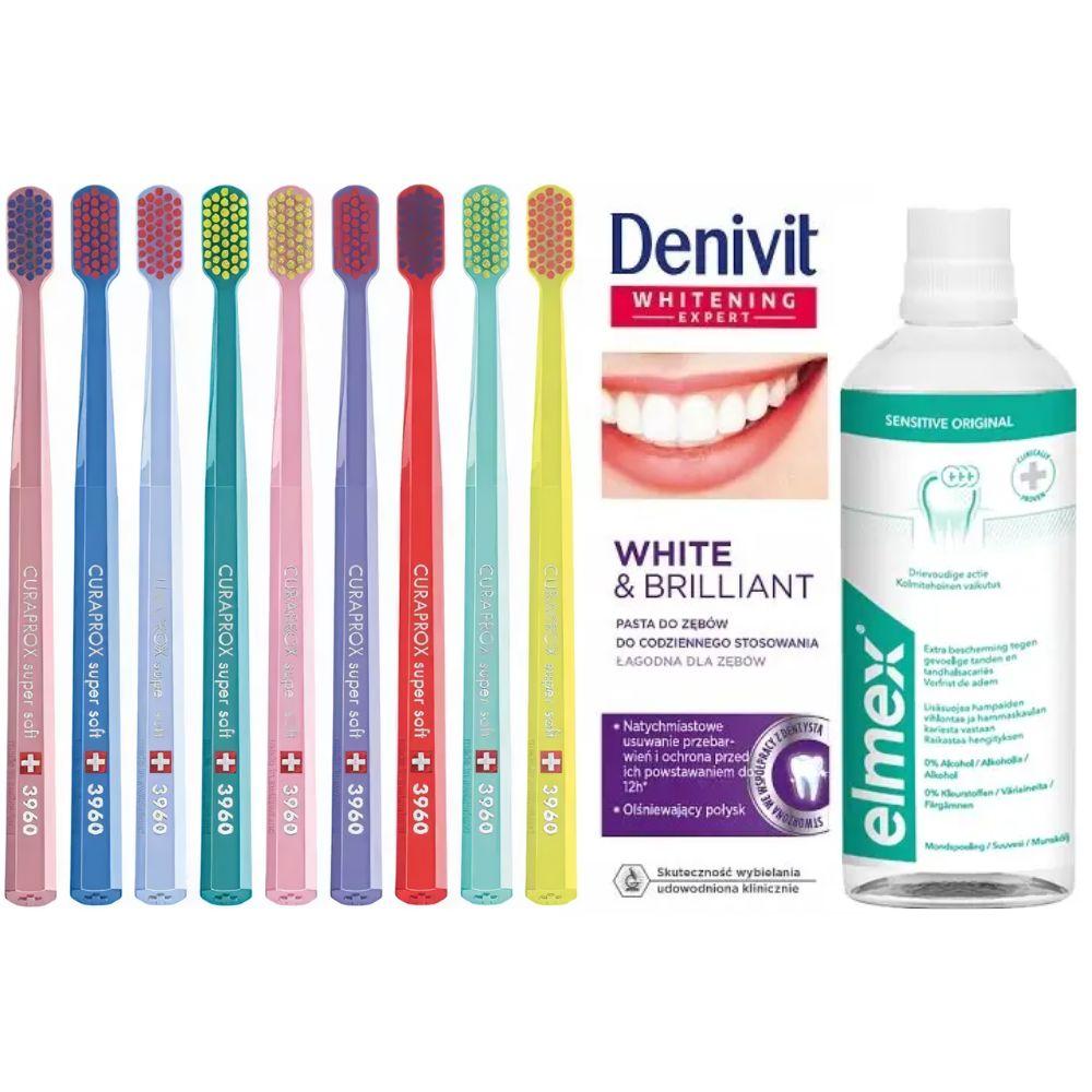 Зубна щітка Curaprox CS 3960 Super Soft + зубна паста Denivit White&Brilliant відбілююча + ополіскувач ELMEX Sensitive Original