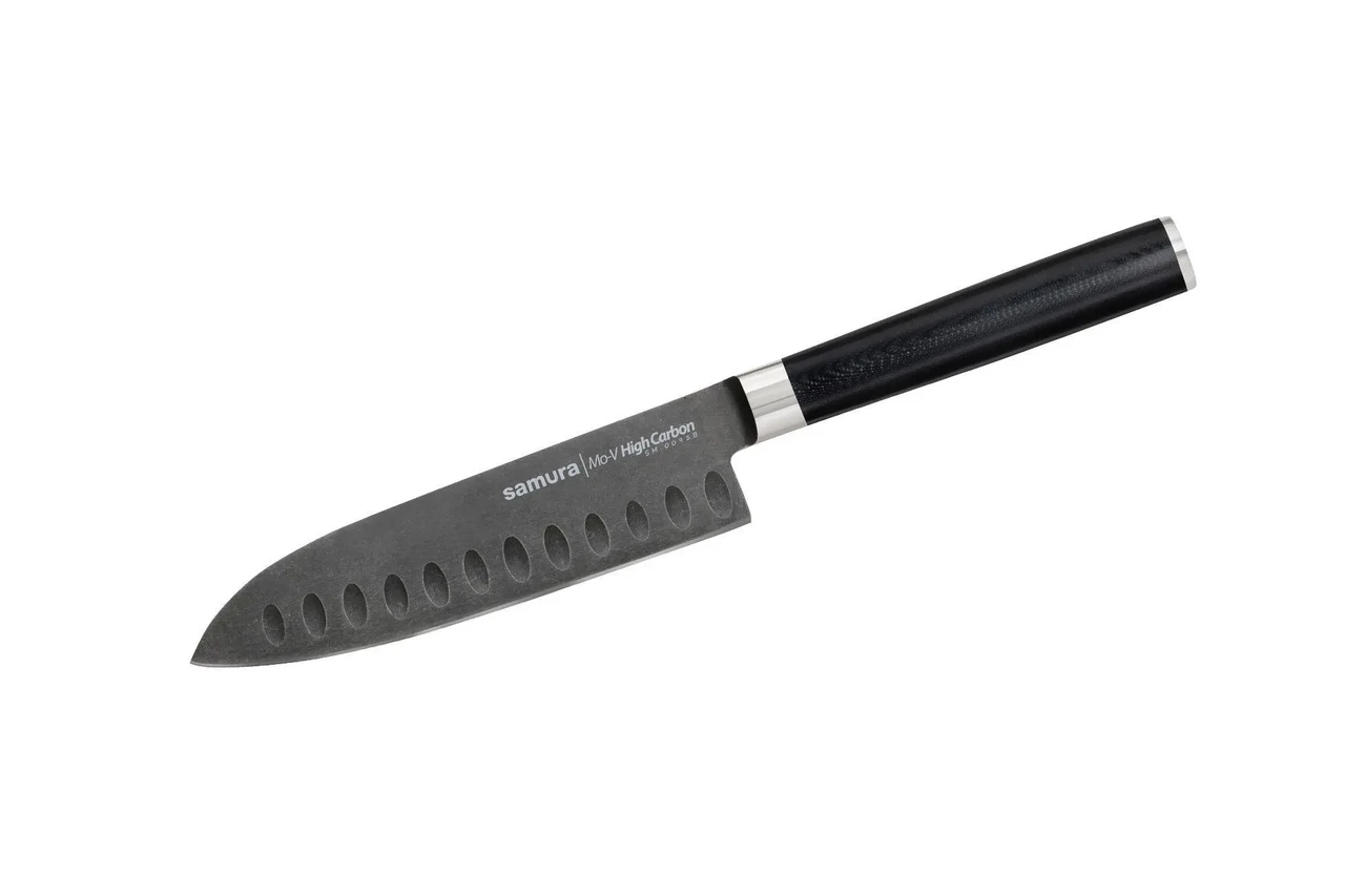 Ніж кухонний Сантоку з жолобчастою лінією леза 138 мм Samura Mo-V Stonewash (SM-0093B)