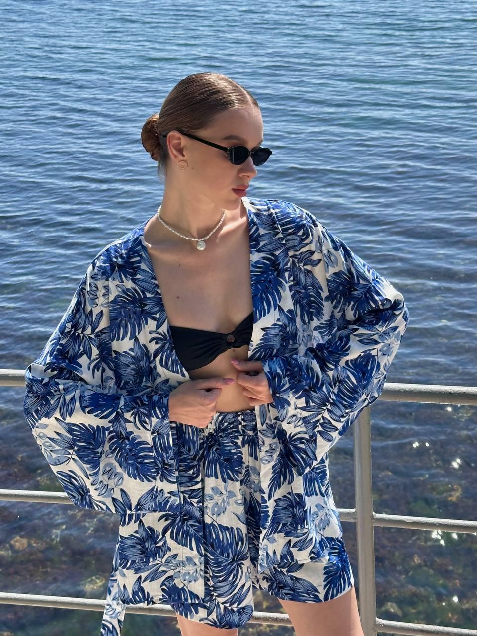 Жіночий літній комплект вільні шорти та кімоно із широкими рукавами (р. 42-46) 63KO3847, фото 1