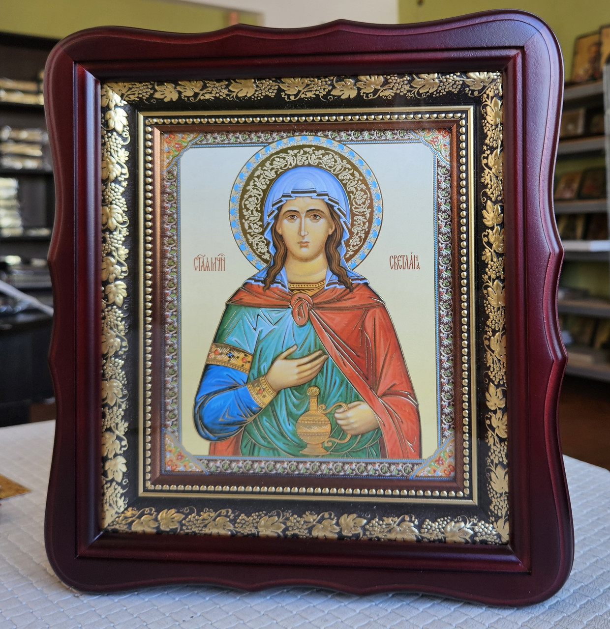 Ікона Свята мучениця Світлана в темному дерев'яному кіоті під склом, розмір кіота 26×23 розмір лика 15 × 18, фото 1