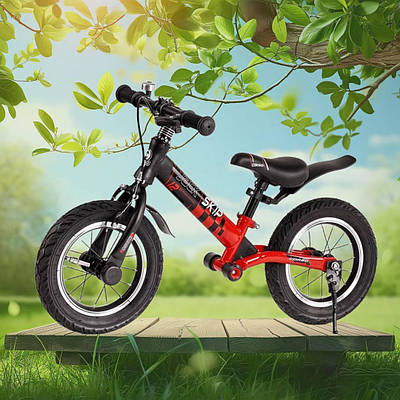 Дитячий прогулянковий Велобіг чорно-червоний надувні колеса 12" сталева рама амортизатор ручне гальмо підніжка