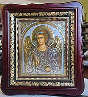 Икона Ангел Хранитель в темном деревянном киоте под стеклом, размер киота 26*23, сюжет 15*18.