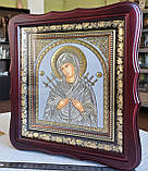 Ікона Семистрільна Пресвята Богородиця в темному дерев'яному фігурному кіоті під склом, кіот 26*23,сюжет 15*18, фото 2