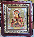 Ікона Семистрільна Пресвята Богородиця в темному дерев'яному фігурному кіоті під склом, кіот 26*23,сюжет 15*18, фото 4
