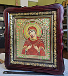 Ікона Семистрільна Пресвята Богородиця у темному дерев'яному фігурному кіоті під склом, кіот 26*23, сюжет  15*18., фото 2