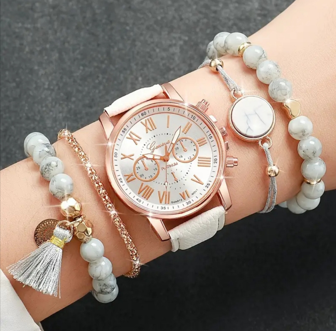 Жіночий годинник кварцовий  Geneva Білий + 4 браслета, фото 1