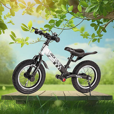 Дитячий прогулянковий Велобіг чорно білий надувні колеса 12" сталева рама амортизатор ручне гальмо підніжка