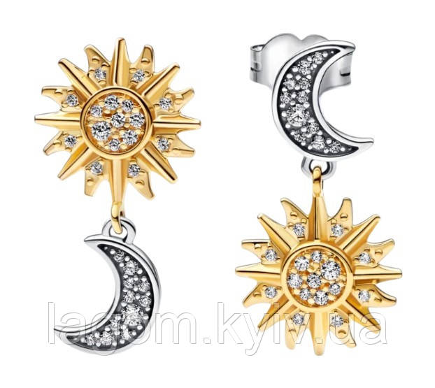 Срібні сережки-гвоздики в стилі PANDORA Sun&Moon Сонце та Місяць 925 проба кульчики-пусети ПАНДОРА, фото 1