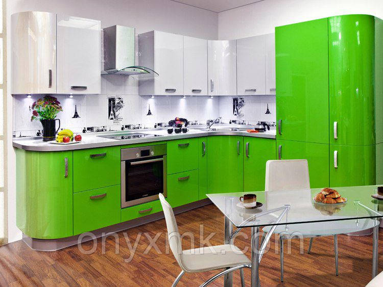 Стильна зелена кухня кутова з радіусними елементами