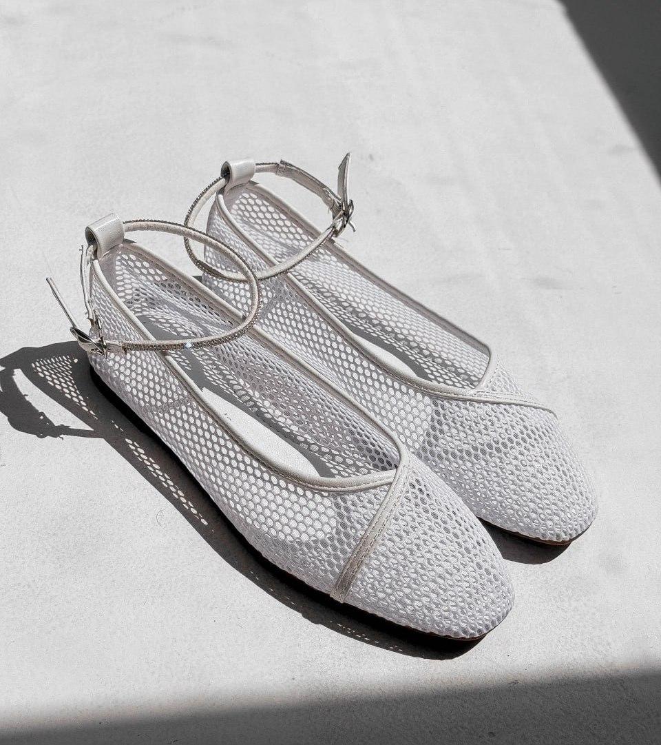 Босоніжки-балетки з сіткою жіночі літні на низькому ходу білі екошкіра+сітка