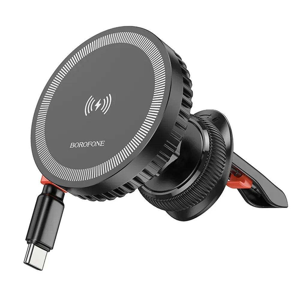 Автотримач в решітку з безпровідною зарядкою Magsafe і кабелем Borofone BH207 Black