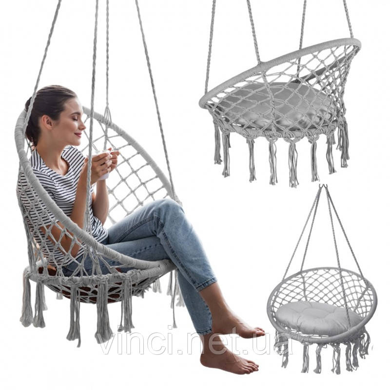 Підвісна гойдалка з подушкою до 150кг BOHO KR33SZ СІРА Гамак гніздо лелеки Підвісна качеля Підвісне крісло, фото 1