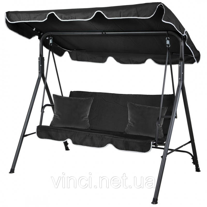 Садова гойдалка 3х-місна з навісом та 2 подушками до 260кг eCarla HO01CZ ЧОРНА Качеля для саду, фото 1